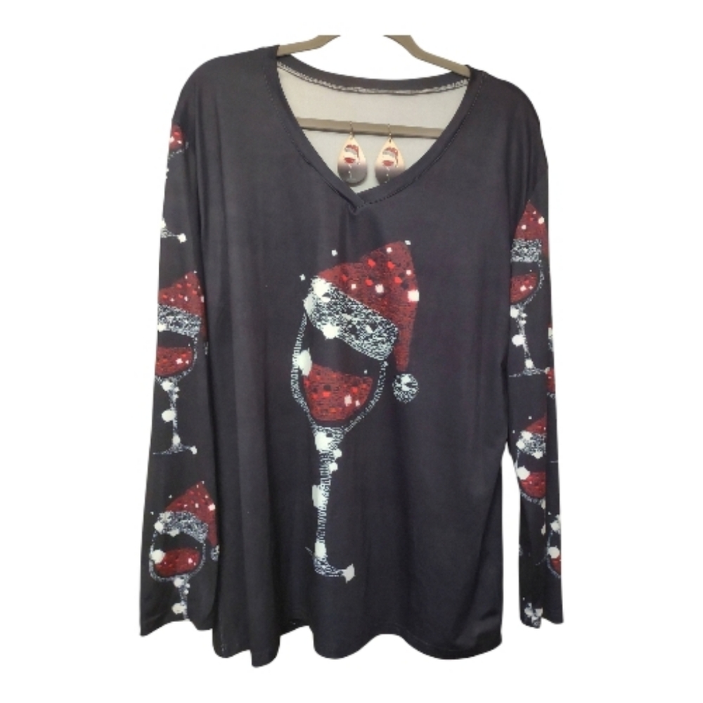 Black Long Sleeve Top with Festive Red Design